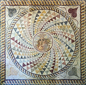 Mosaic floor with MedusaÃ¢â¬â¢s head found in Zea, Piraeus, 2nd century AD.